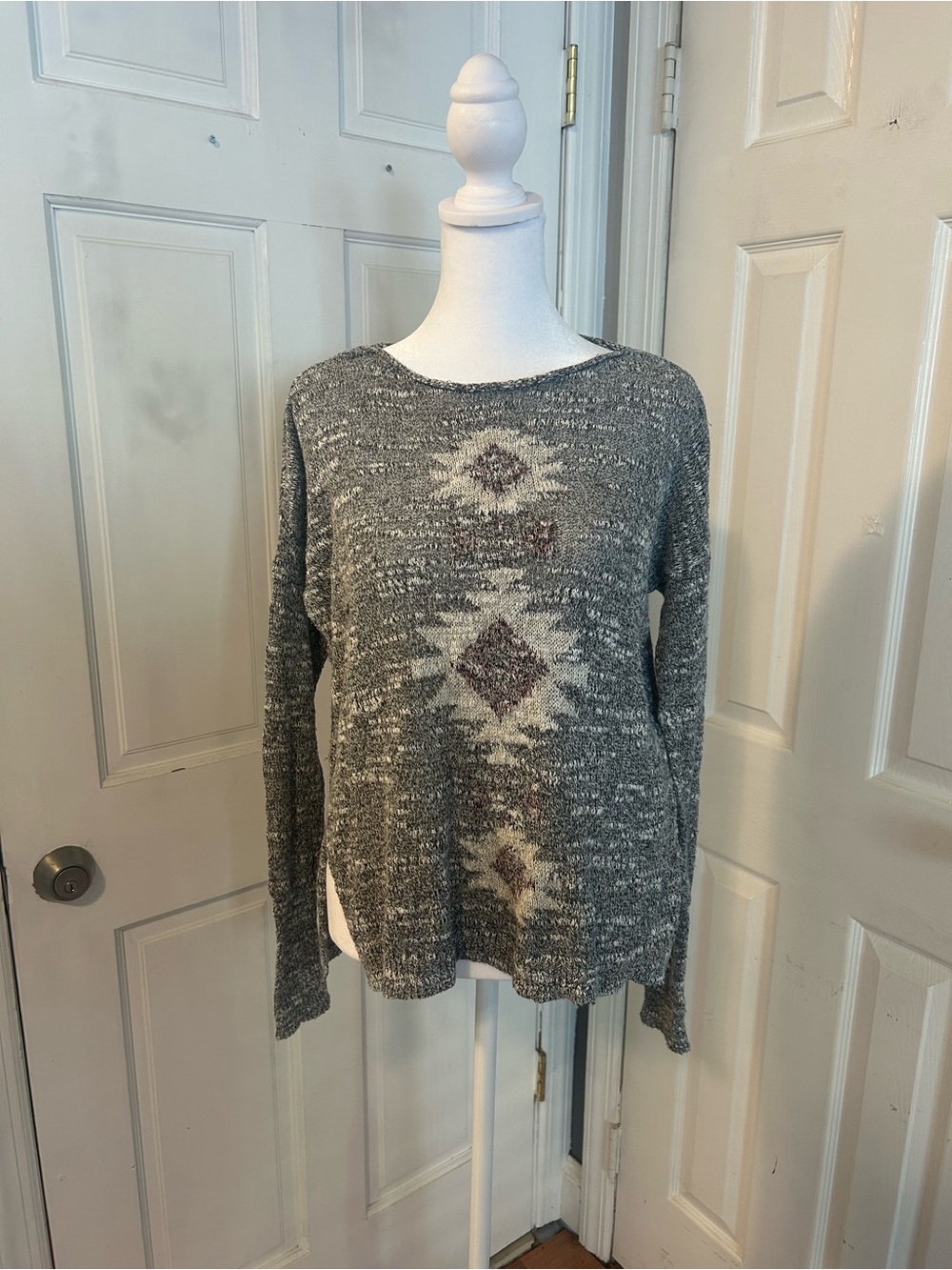 Hollister Gray Marled Knit Pullover Aztec Sweater